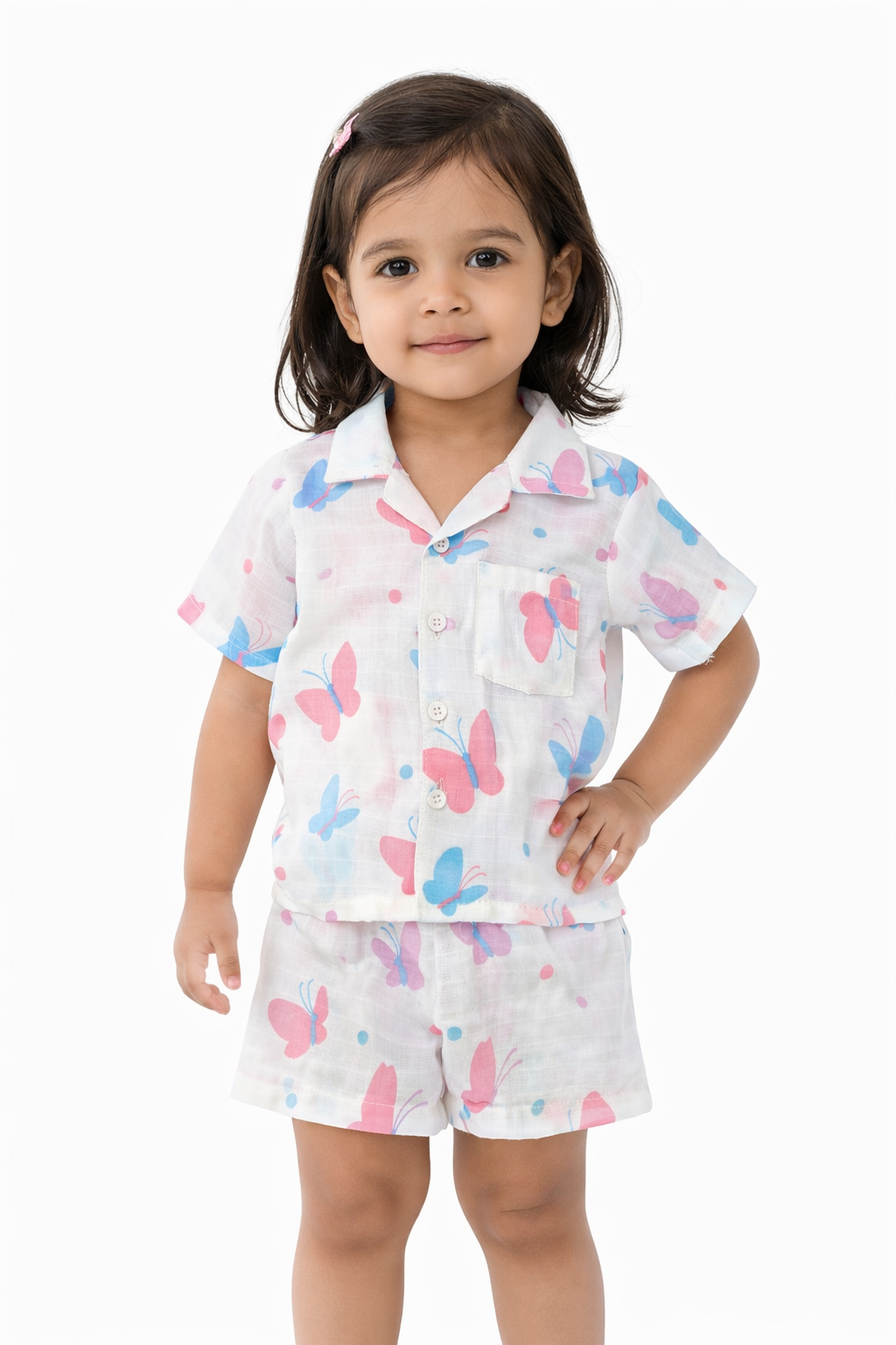 Ivory Trends Premium Muslin Cotton Butterfly Print Kids Night Suit Set | Soft Summer Co-ord Sleepwear for Girls (1-5 Years)