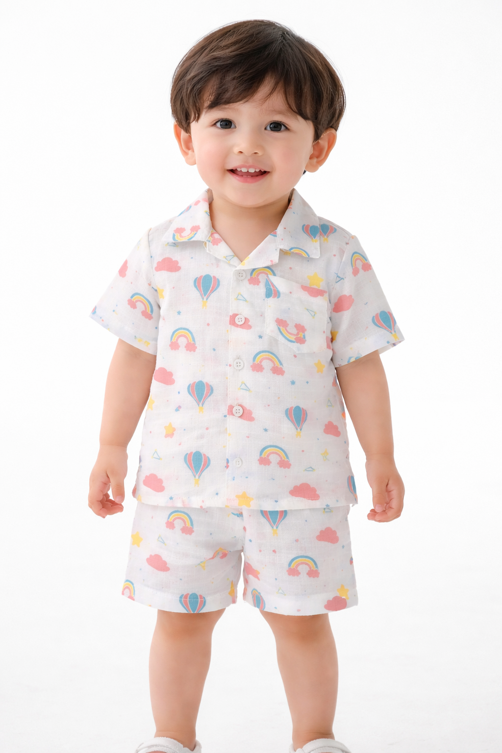 Ivory Trends Premium Muslin Cotton Kids Night Suit Set | Rainbow & Hot Air Balloon Print | Soft Summer Sleepwear (1-5 Years)