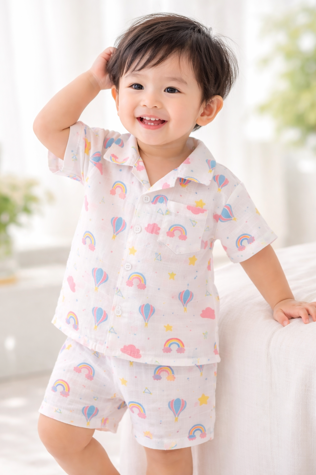 Ivory Trends Premium Muslin Cotton Kids Night Suit Set | Rainbow & Hot Air Balloon Print | Soft Summer Sleepwear (1-5 Years)