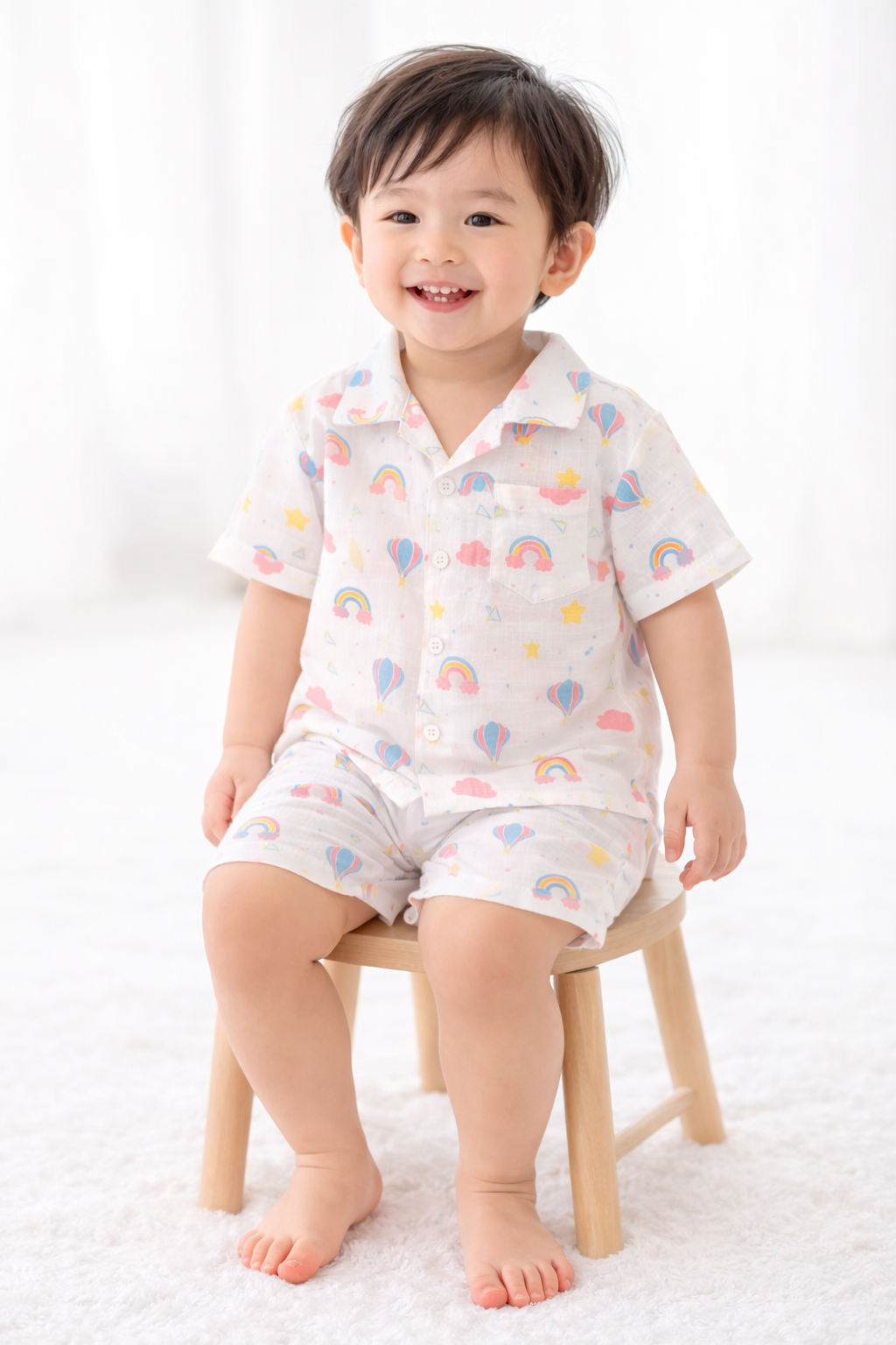 Ivory Trends Premium Muslin Cotton Kids Night Suit Set | Rainbow & Hot Air Balloon Print | Soft Summer Sleepwear (1-5 Years)