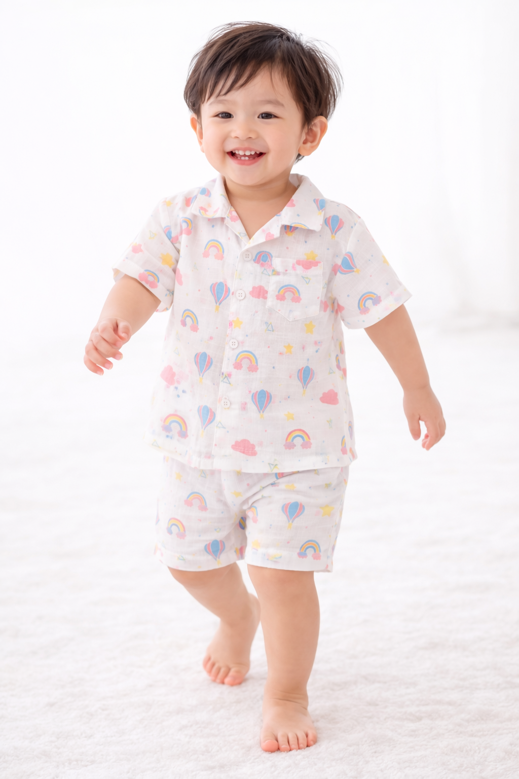 Ivory Trends Premium Muslin Cotton Kids Night Suit Set | Rainbow & Hot Air Balloon Print | Soft Summer Sleepwear (1-5 Years)
