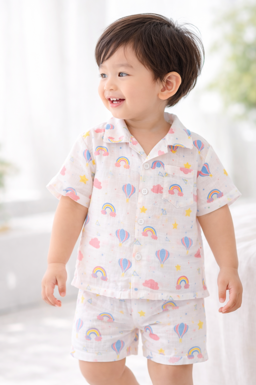 Ivory Trends Premium Muslin Cotton Kids Night Suit Set | Rainbow & Hot Air Balloon Print | Soft Summer Sleepwear (1-5 Years)