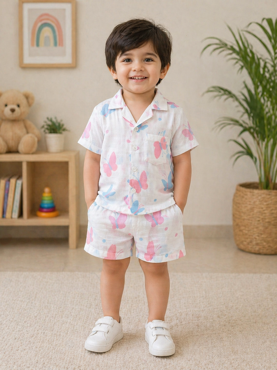 Ivory Trends Butterfly Print Muslin Cotton Cord Set for Kids | Premium Shirt & Shorts Co-ord Set | Summer Wear (1–5 Years)