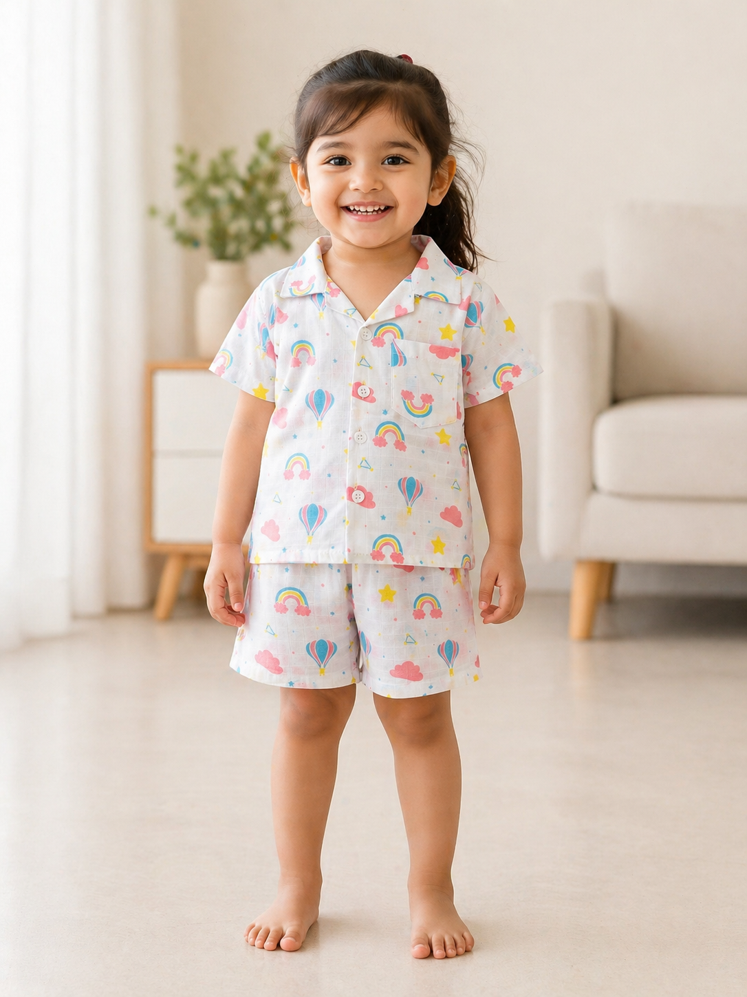 Ivory Trends Premium Muslin Cotton Rainbow & Hot Air Balloon Kids Night Suit Set | Soft Summer Co-ord Sleepwear for Girls (1–5 Years)