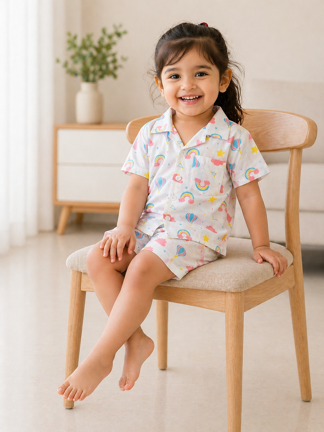 Ivory Trends Premium Muslin Cotton Rainbow & Hot Air Balloon Kids Night Suit Set | Soft Summer Co-ord Sleepwear for Girls (1–5 Years)