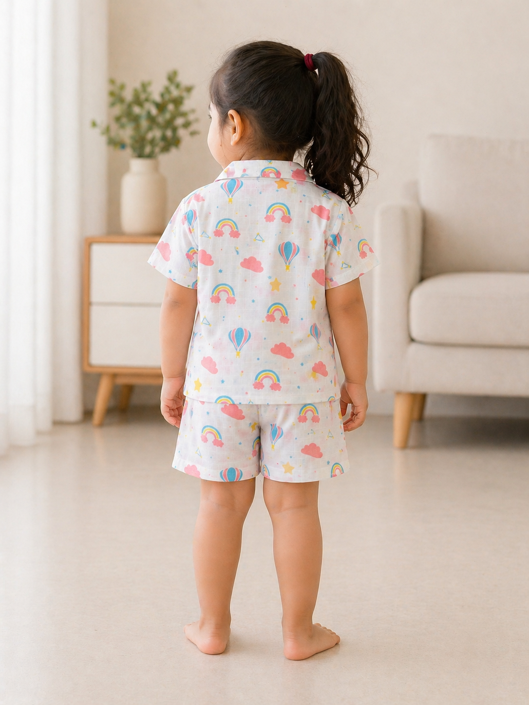 Ivory Trends Premium Muslin Cotton Rainbow & Hot Air Balloon Kids Night Suit Set | Soft Summer Co-ord Sleepwear for Girls (1–5 Years)