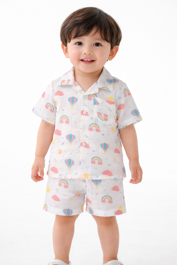 Ivory Trends Premium Muslin Cotton Kids Night Suit Set | Rainbow & Hot Air Balloon Print | Soft Summer Sleepwear (1-5 Years)