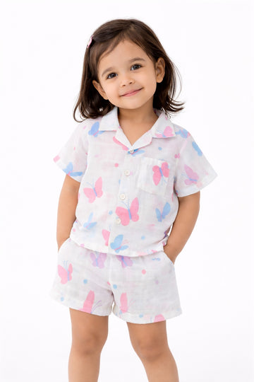 Girls Butterfly Print Shirt & Shorts Set – Cute Summer Co-Ord Outfit for Kids