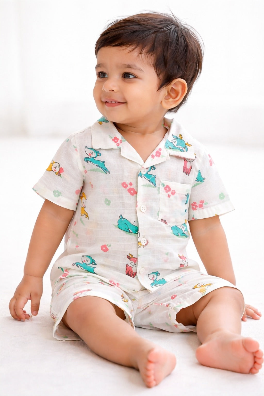 Baby Boys Printed Shirt & Shorts Set – Cute Animal Print Casual Co-Ord Outfit