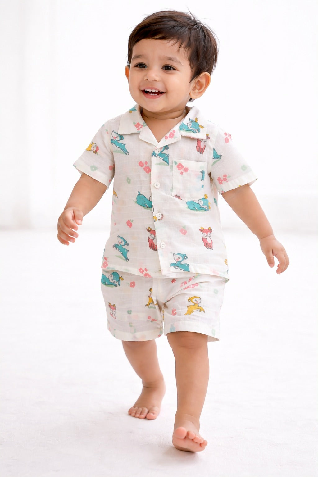 Baby Boys Printed Shirt & Shorts Set – Cute Animal Print Casual Co-Ord Outfit