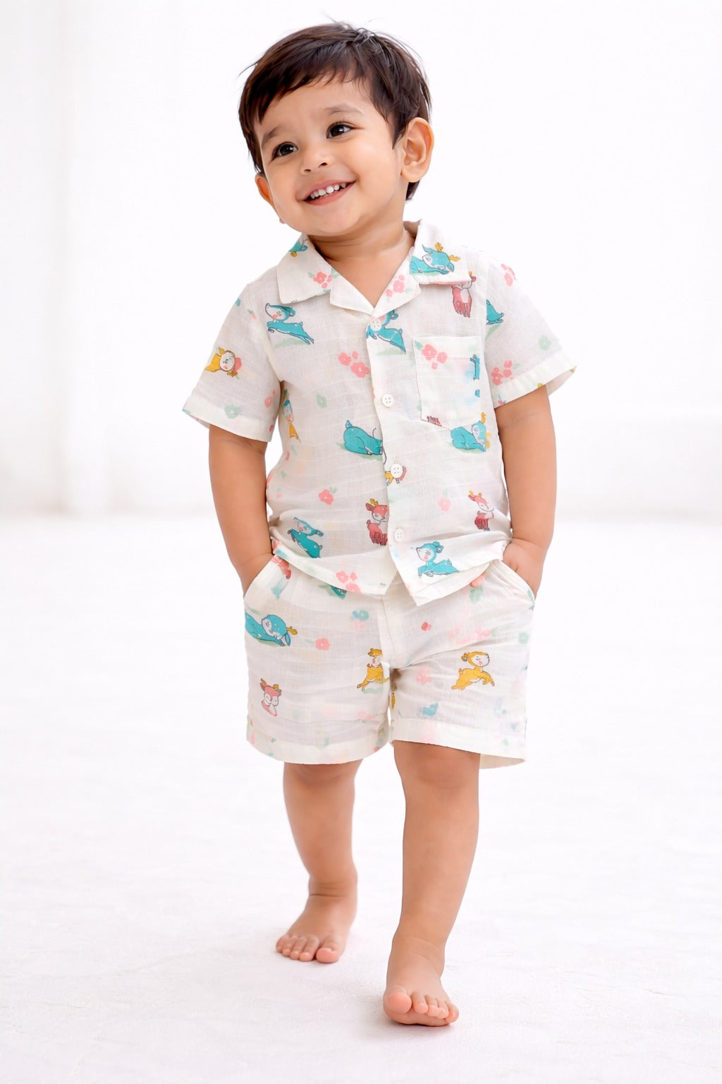 Baby Boys Printed Shirt & Shorts Set – Cute Animal Print Casual Co-Ord Outfit