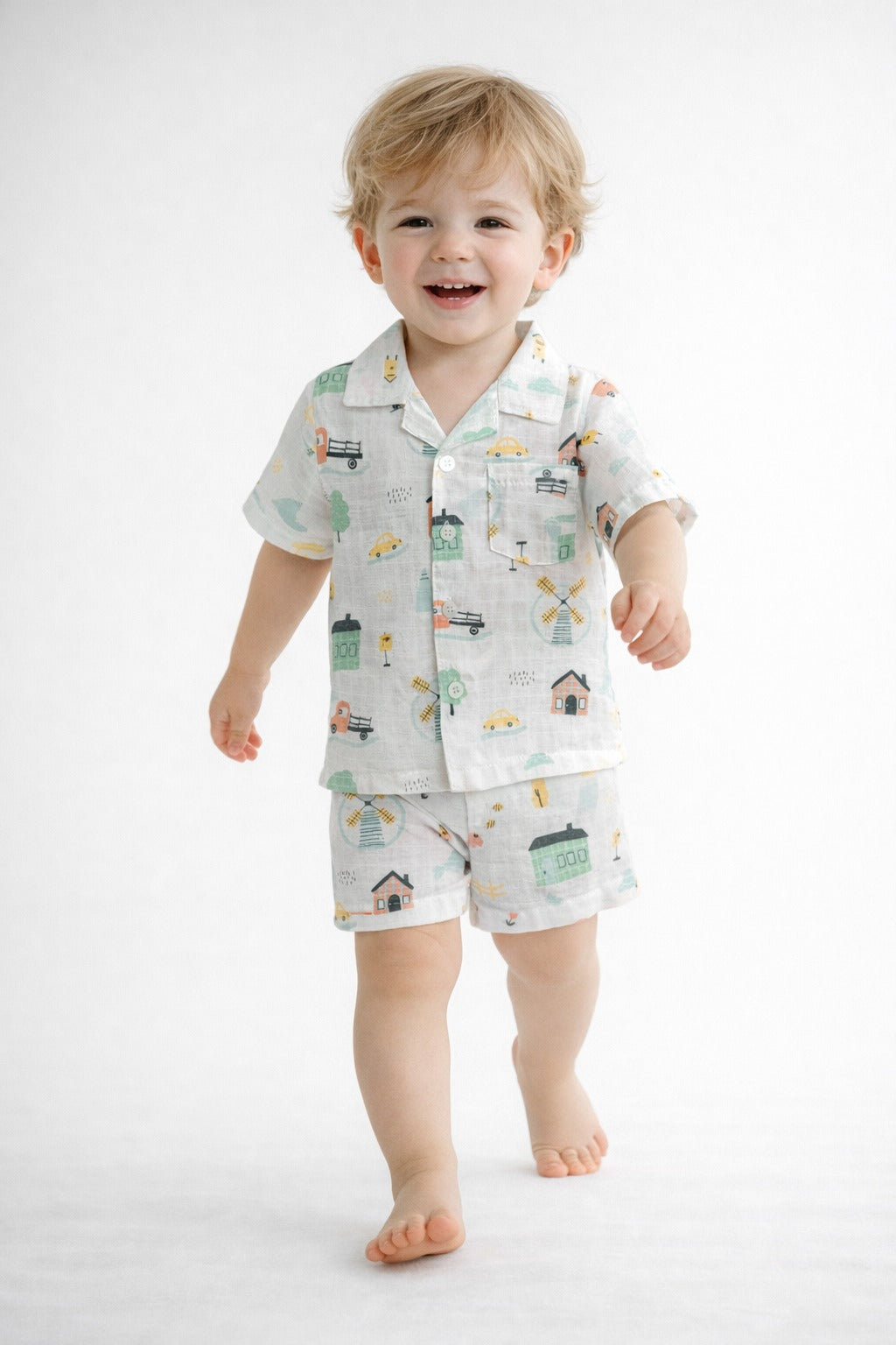 Boys Printed Shirt & Shorts Set – Pastel Vehicle Print Casual Co-Ord Outfit