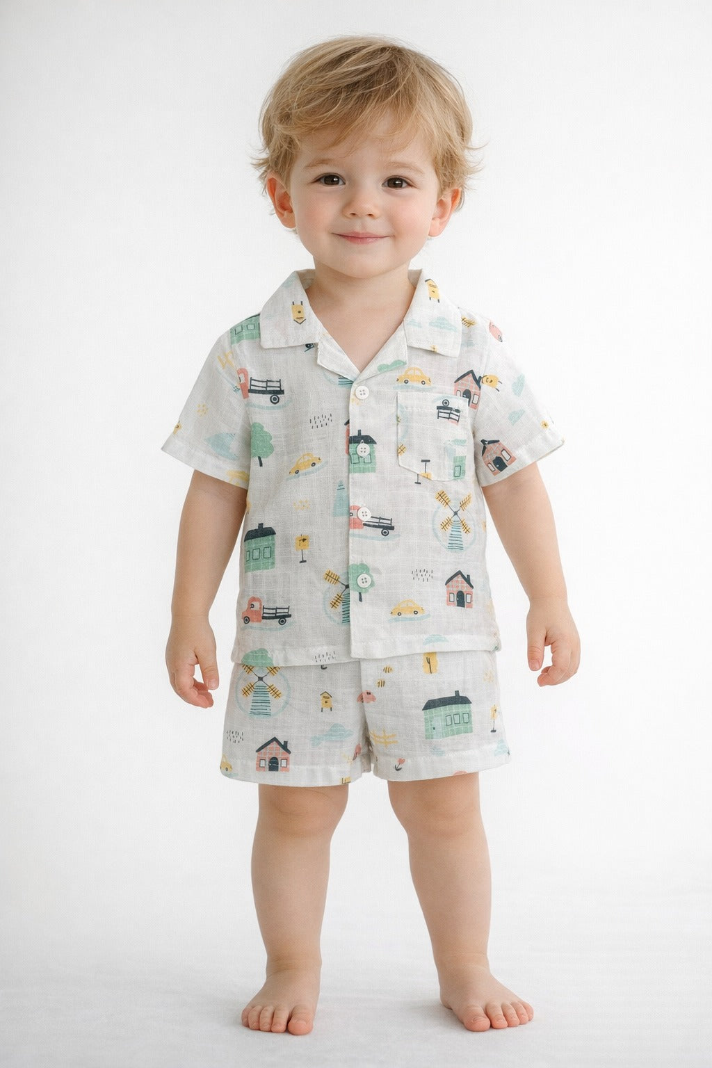 Boys Printed Shirt & Shorts Set – Pastel Vehicle Print Casual Co-Ord Outfit