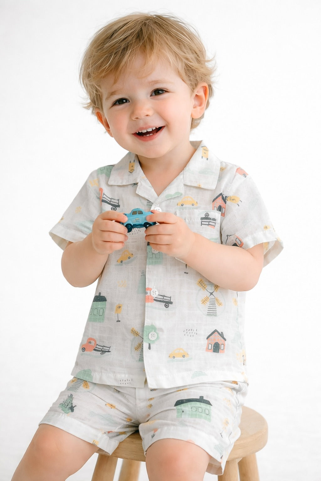 Boys Printed Shirt & Shorts Set – Pastel Vehicle Print Casual Co-Ord Outfit