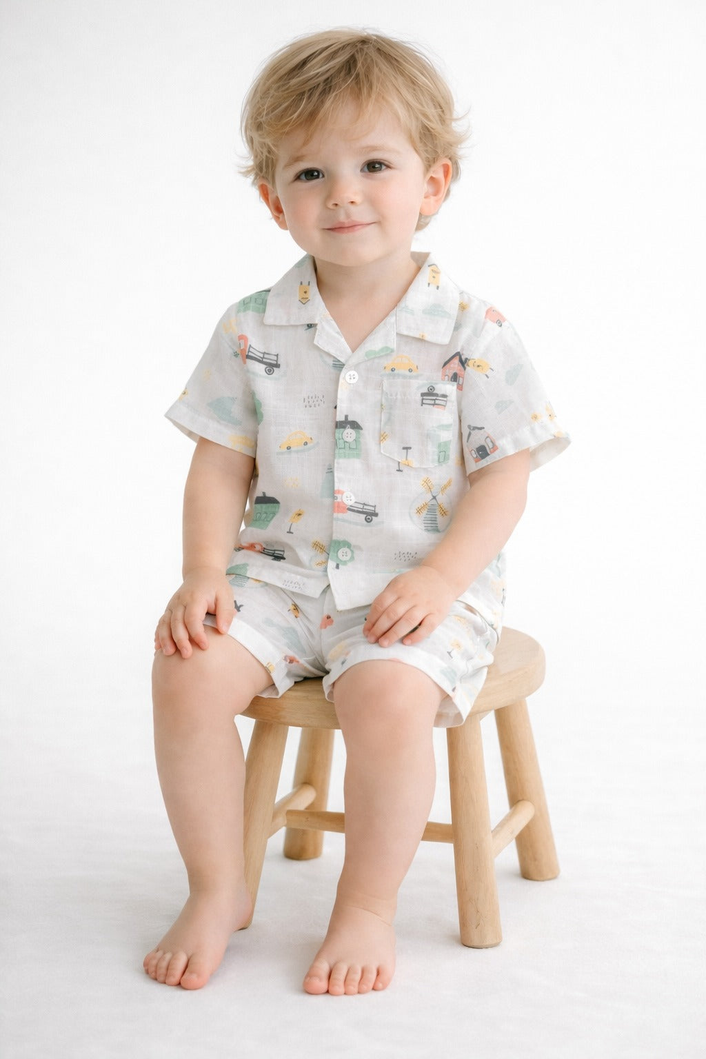 Boys Printed Shirt & Shorts Set – Pastel Vehicle Print Casual Co-Ord Outfit