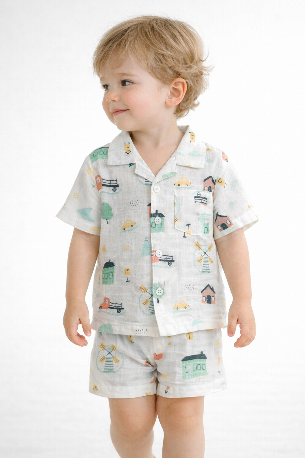 Boys Printed Shirt & Shorts Set – Pastel Vehicle Print Casual Co-Ord Outfit