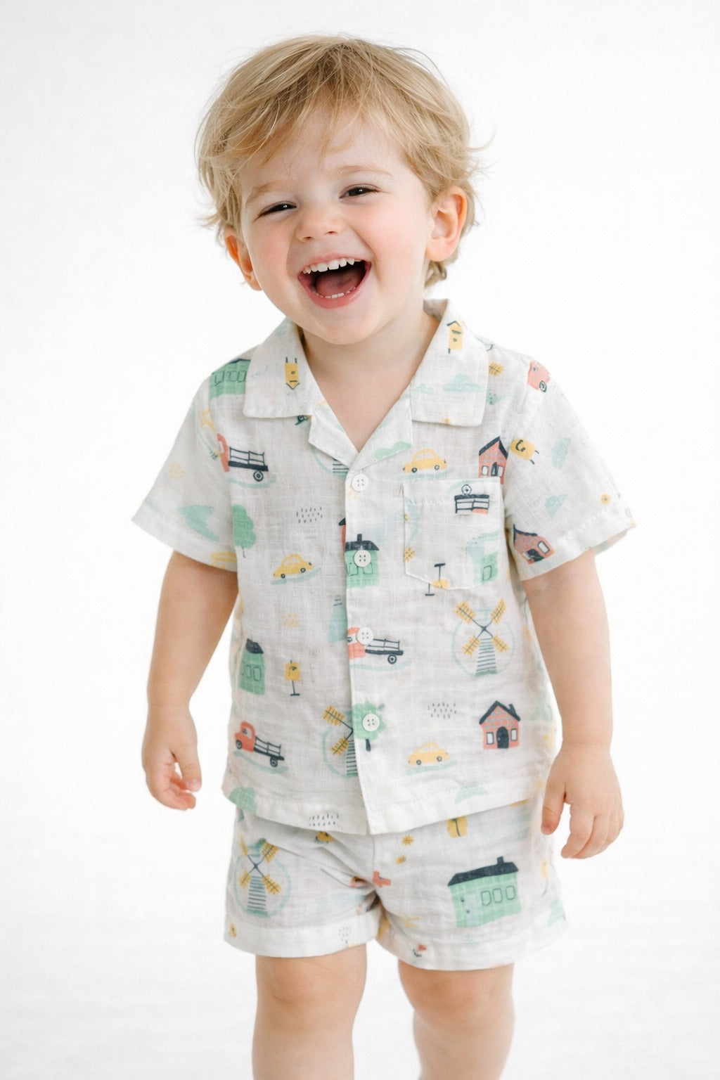 Boys Printed Shirt & Shorts Set – Pastel Vehicle Print Casual Co-Ord Outfit