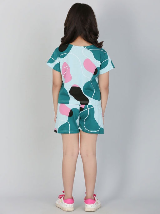 Girls Green & Pink Abstract Print Co-Ord Set – Short Sleeve Top & Shorts