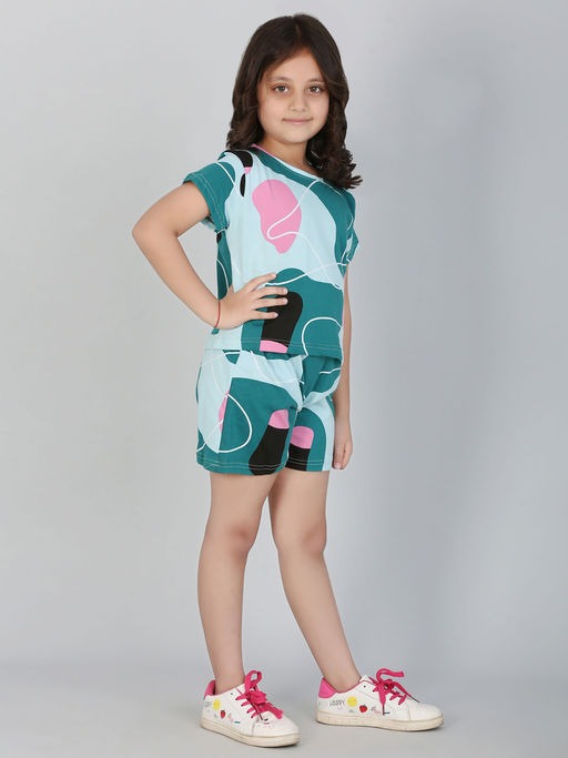 Girls Green & Pink Abstract Print Co-Ord Set – Short Sleeve Top & Shorts