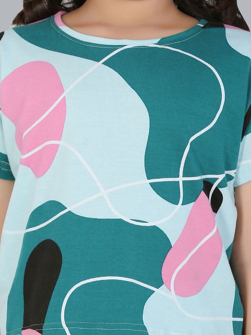 Girls Green & Pink Abstract Print Co-Ord Set – Short Sleeve Top & Shorts