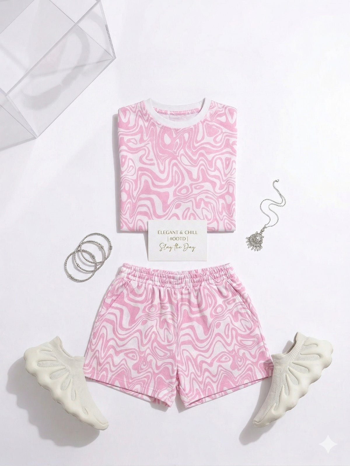 Girls Pink Abstract Print Co-Ord Set – Trendy Short Sleeve Top & Shorts Outfit