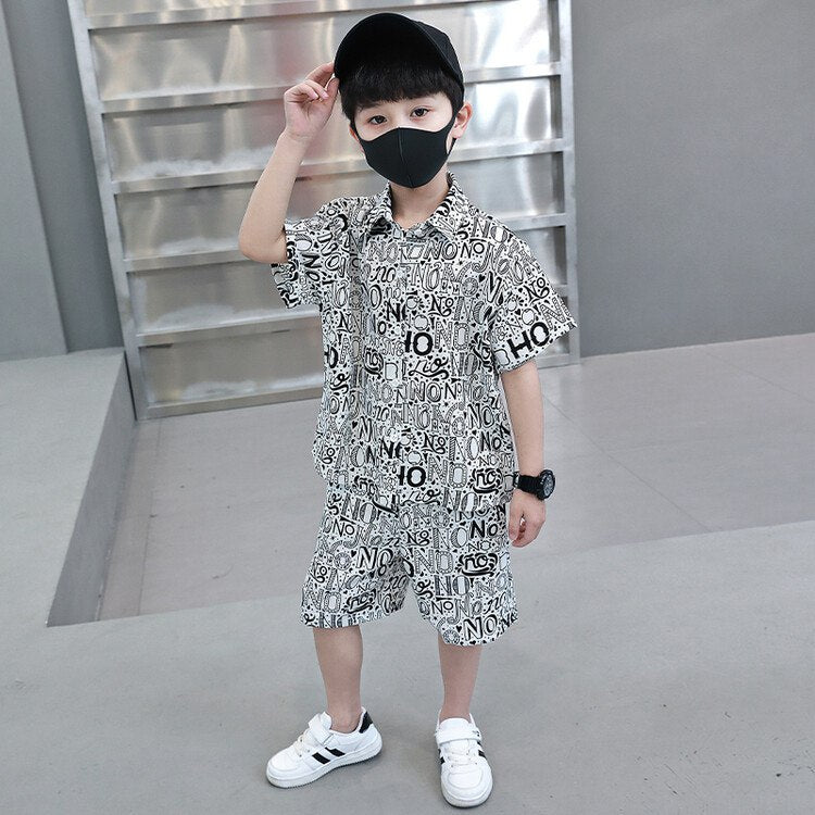Boys Black & White Printed Shirt & Shorts Set – Trendy Casual Co-Ord Outfit