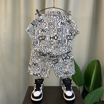 Boys Black & White Printed Shirt & Shorts Set – Trendy Casual Co-Ord Outfit