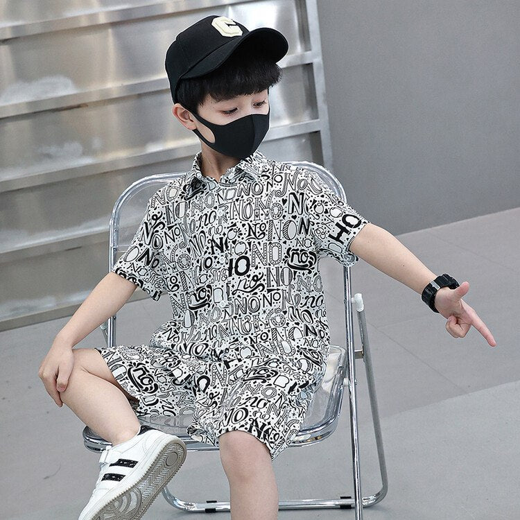 Boys Black & White Printed Shirt & Shorts Set – Trendy Casual Co-Ord Outfit