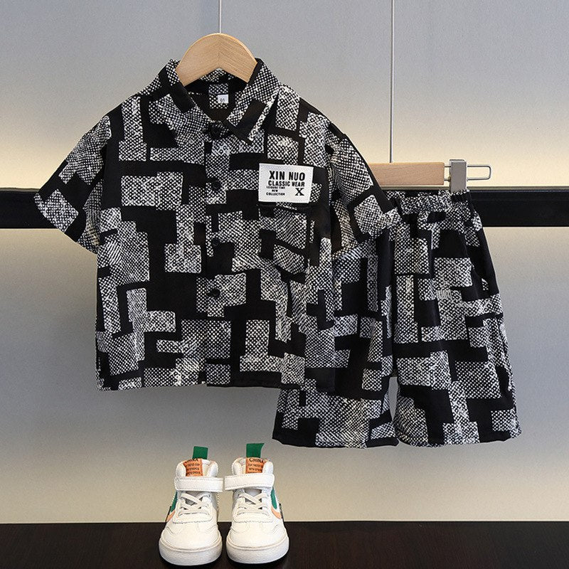 Boys Black & White Geometric Printed Shirt & Shorts Set – Stylish Casual Co-Ord Outfit