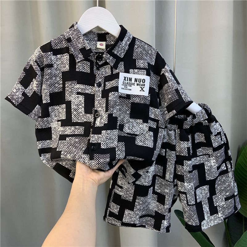 Boys Black & White Geometric Printed Shirt & Shorts Set – Stylish Casual Co-Ord Outfit