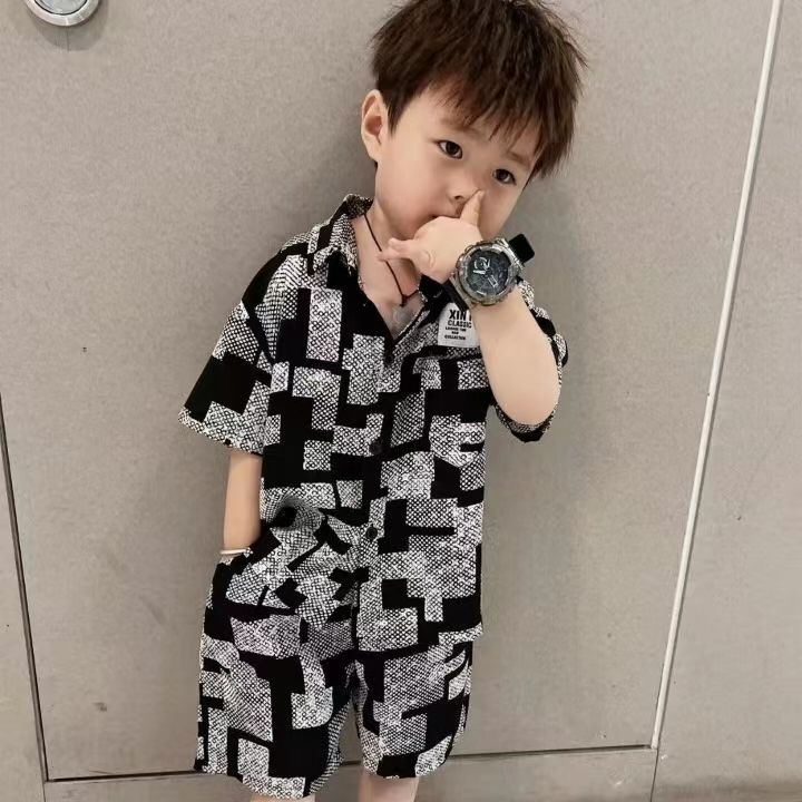 Boys Black & White Geometric Printed Shirt & Shorts Set – Stylish Casual Co-Ord Outfit