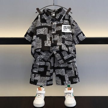 Boys Black & White Geometric Printed Shirt & Shorts Set – Stylish Casual Co-Ord Outfit