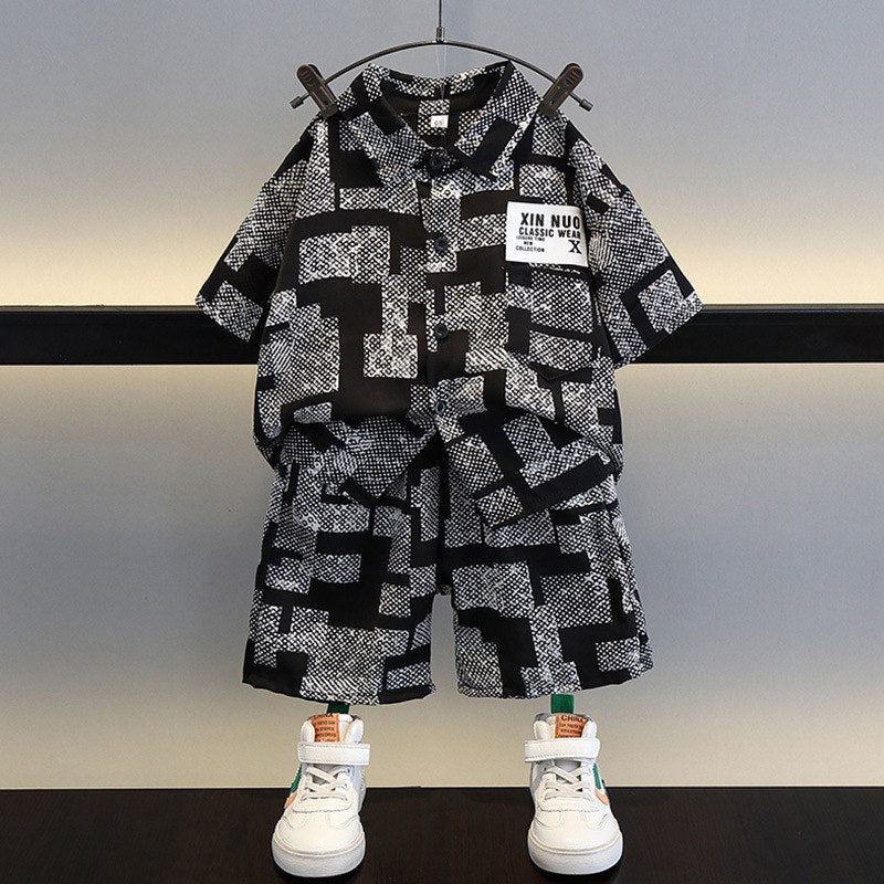 Boys Black & White Geometric Printed Shirt & Shorts Set – Stylish Casual Co-Ord Outfit