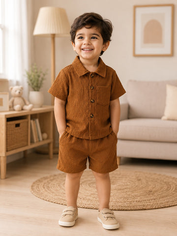 Boys Textured Shirt & Shorts Set – Brown Short Sleeve Casual Co-Ord Outfit