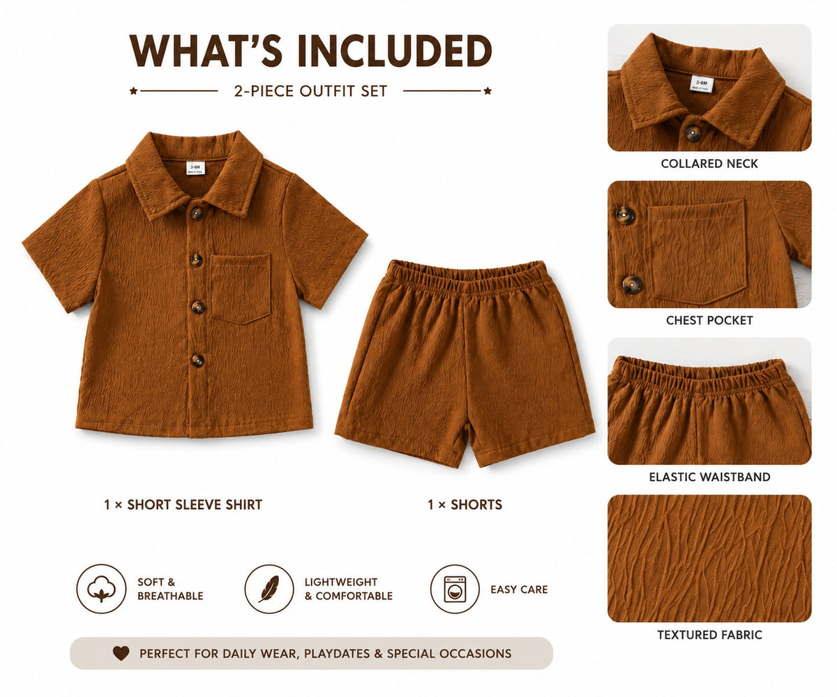 Boys Textured Shirt & Shorts Set – Brown Short Sleeve Casual Co-Ord Outfit