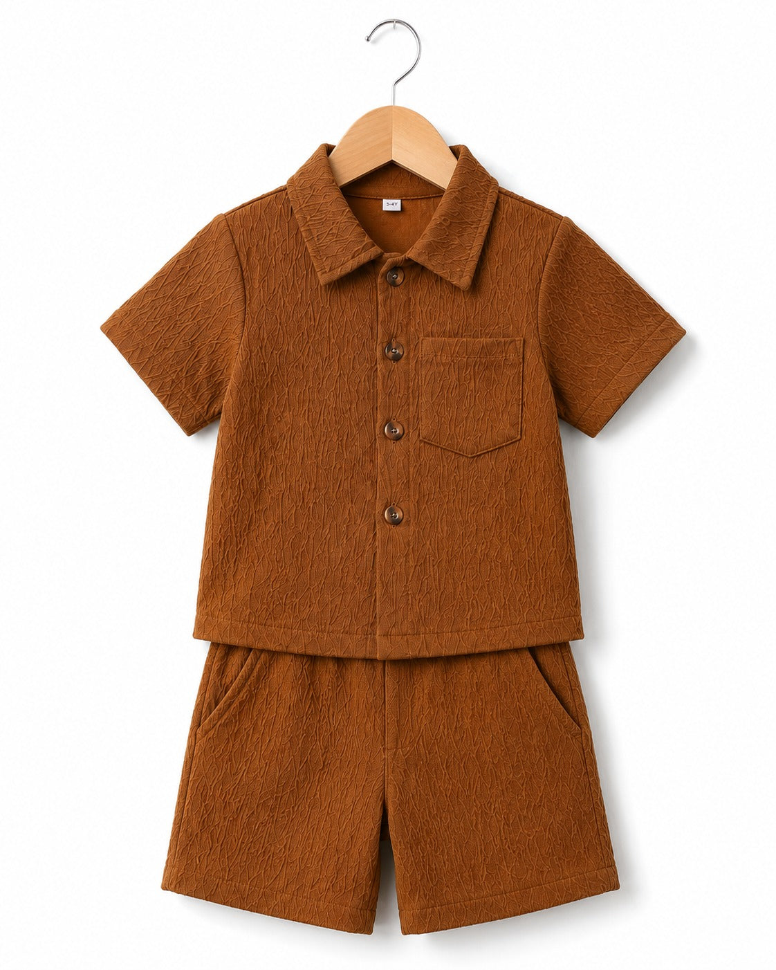 Boys Textured Shirt & Shorts Set – Brown Short Sleeve Casual Co-Ord Outfit
