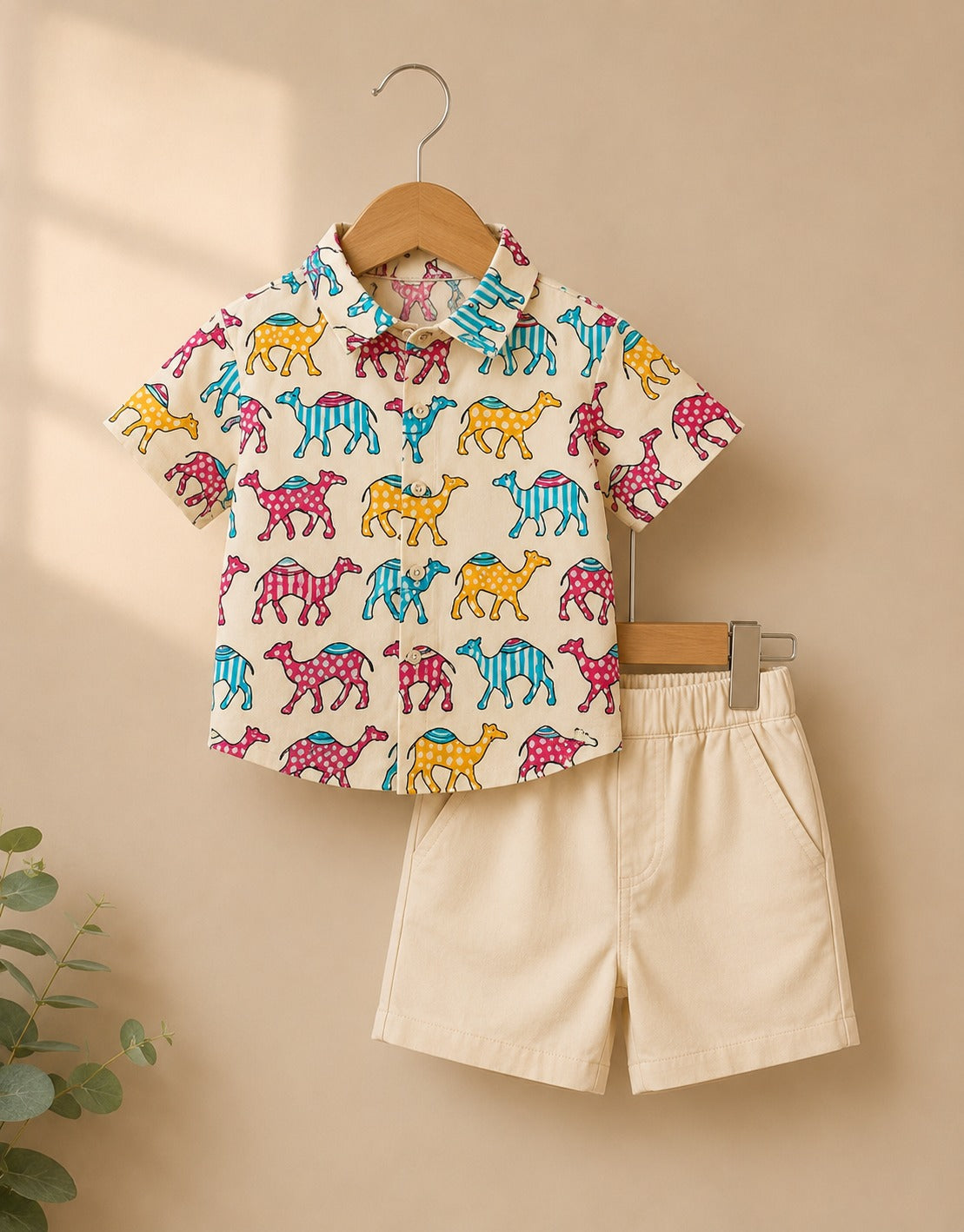 Boys Camel Print Shirt & Shorts Set – Stylish Casual Summer Outfit