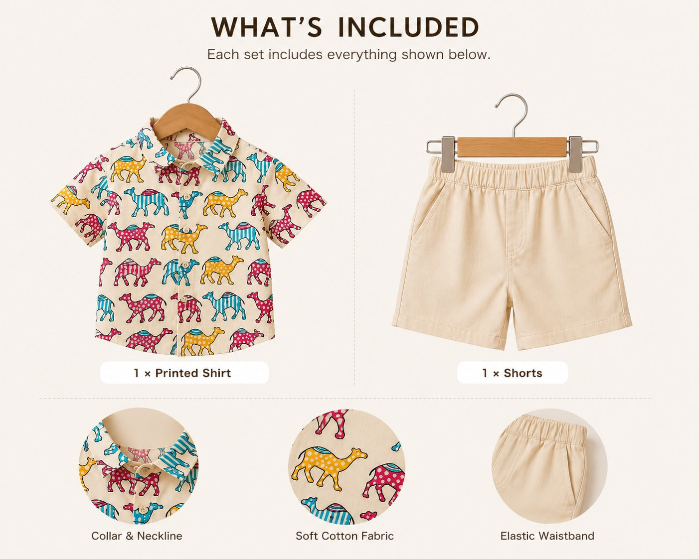 Boys Camel Print Shirt & Shorts Set – Stylish Casual Summer Outfit