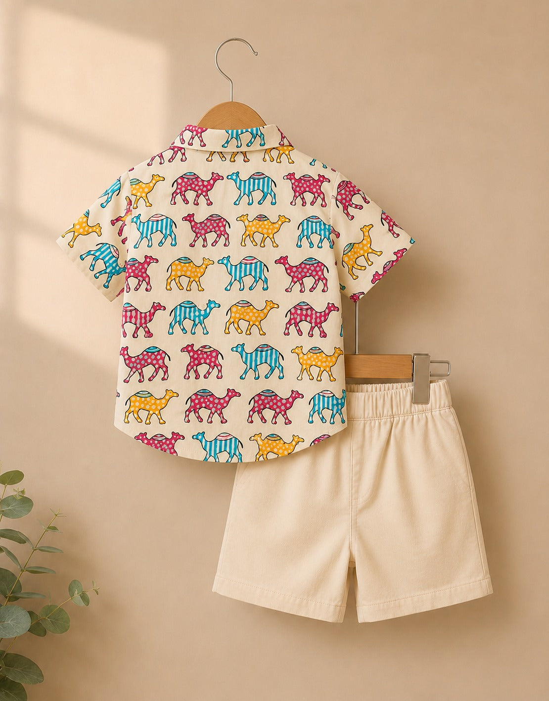 Boys Camel Print Shirt & Shorts Set – Stylish Casual Summer Outfit