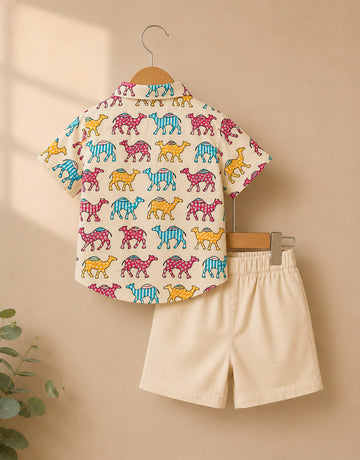 Boys Camel Print Shirt & Shorts Set – Stylish Casual Summer Outfit