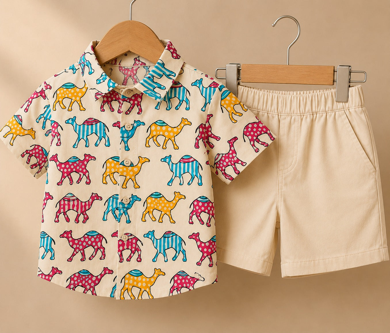 Boys Camel Print Shirt & Shorts Set – Stylish Casual Summer Outfit