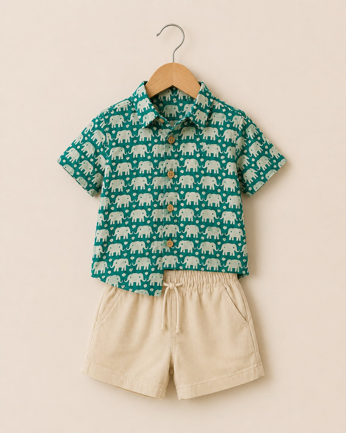 Boys Green Elephant Print Shirt & Shorts Set – Stylish Casual Summer Outfit