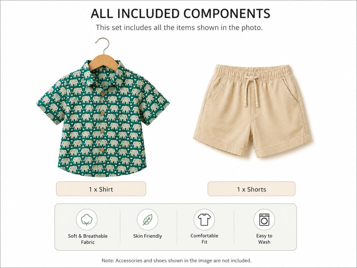Boys Green Elephant Print Shirt & Shorts Set – Stylish Casual Summer Outfit