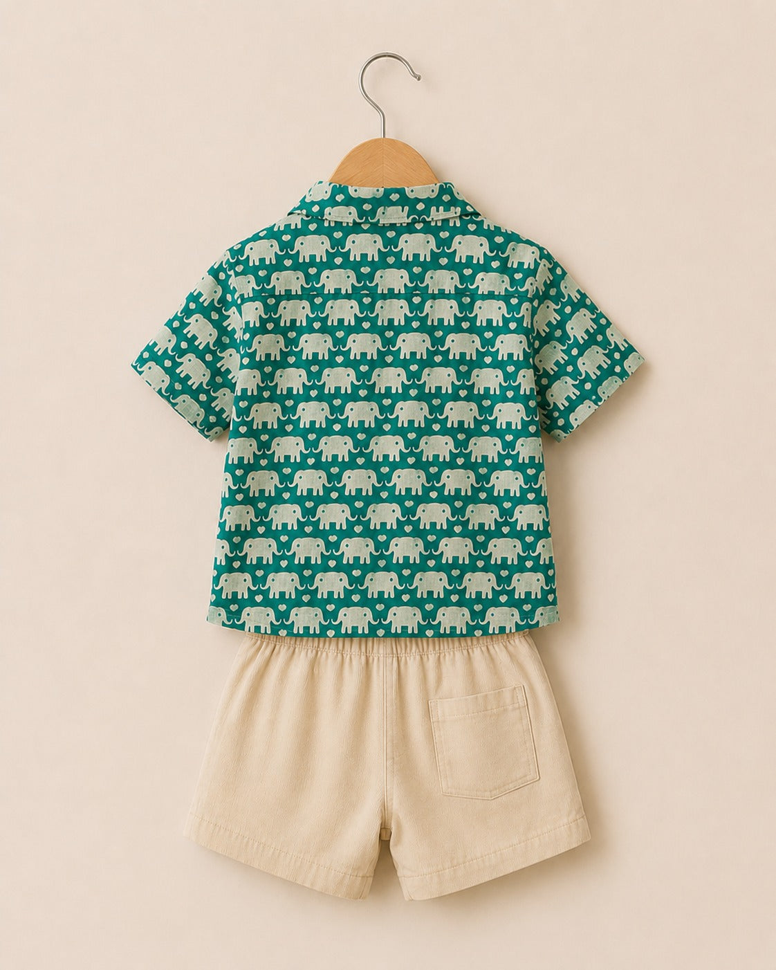 Boys Green Elephant Print Shirt & Shorts Set – Stylish Casual Summer Outfit