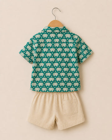 Boys Green Elephant Print Shirt & Shorts Set – Stylish Casual Summer Outfit