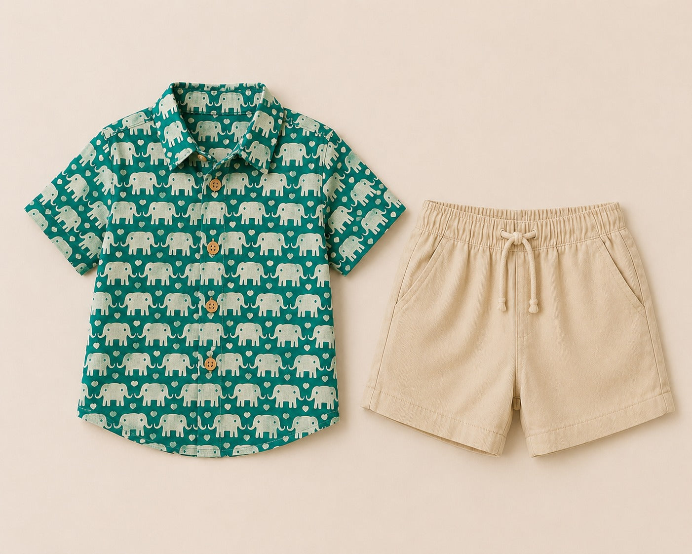 Boys Green Elephant Print Shirt & Shorts Set – Stylish Casual Summer Outfit
