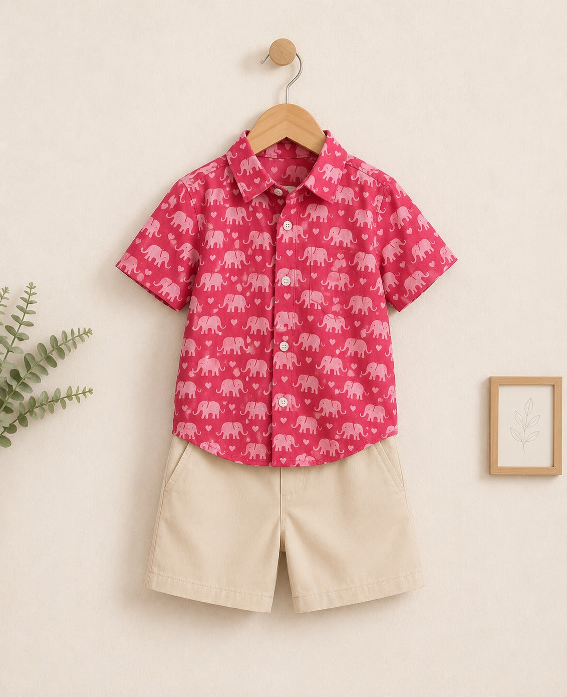 Boys Pink Elephant Print Shirt & Shorts Set – Stylish Casual Summer Outfit