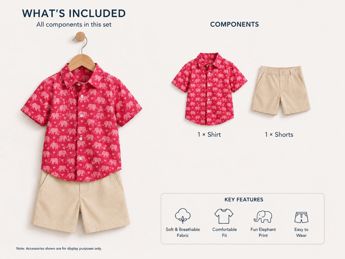 Boys Pink Elephant Print Shirt & Shorts Set – Stylish Casual Summer Outfit