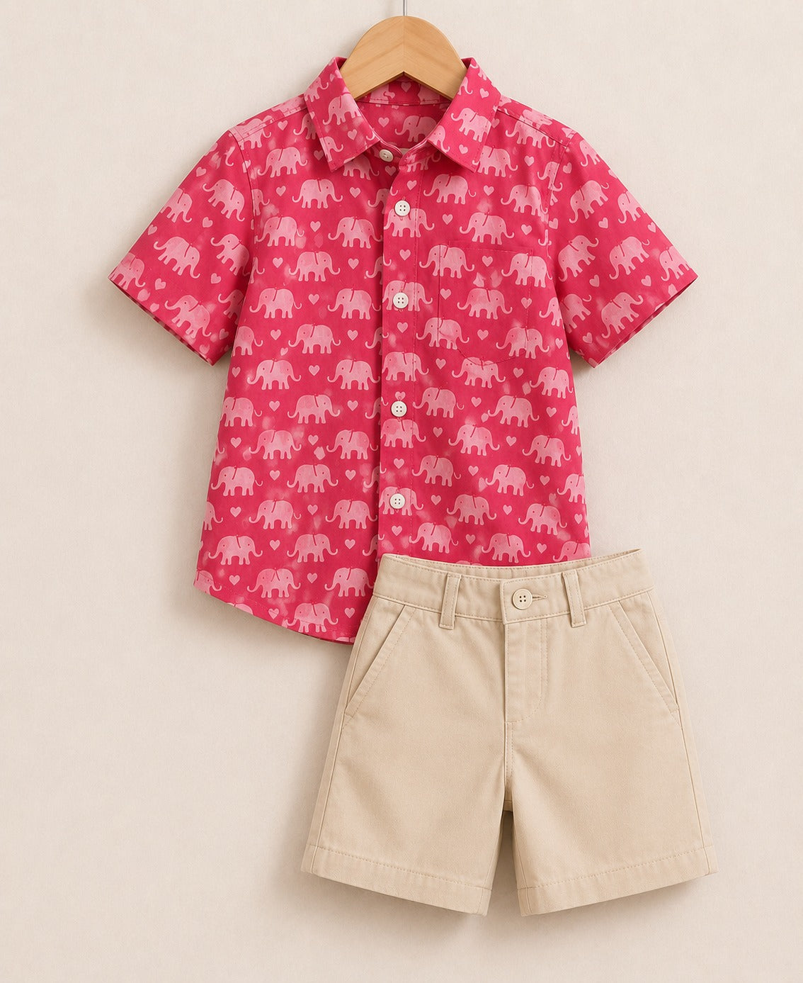 Boys Pink Elephant Print Shirt & Shorts Set – Stylish Casual Summer Outfit
