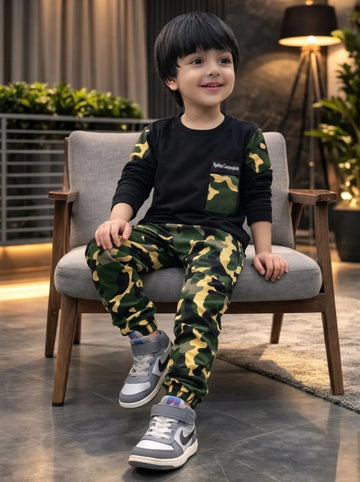 Boys Camouflage Printed Co-Ord Set – Full Sleeve T-Shirt & Jogger Pant